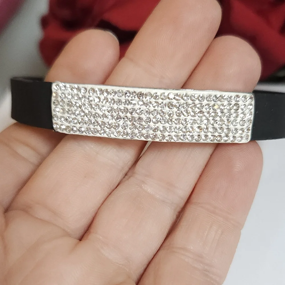 Cubic Zirconia Crystal Bar Black Band Bracelet Stainless Steel CN Marked